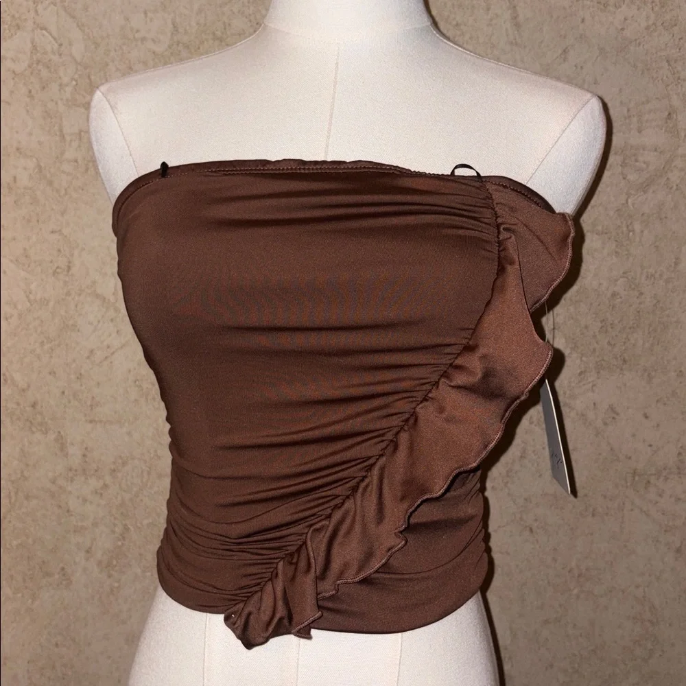 Gaze Brown Ruffle Strapless Top